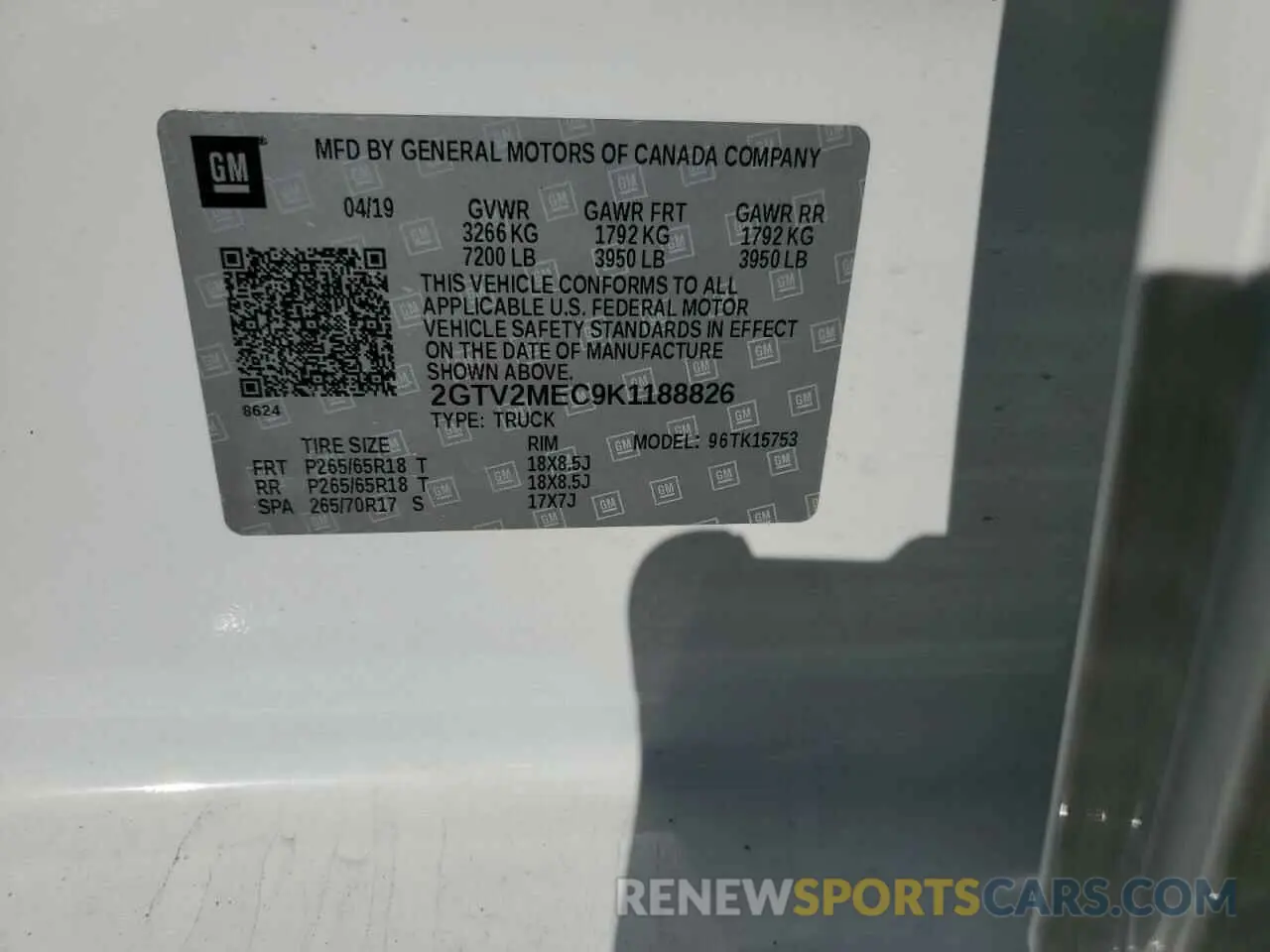 12 fotografías del automóvil dañado 2GTV2MEC9K1188826 GMC SIERRA 2019