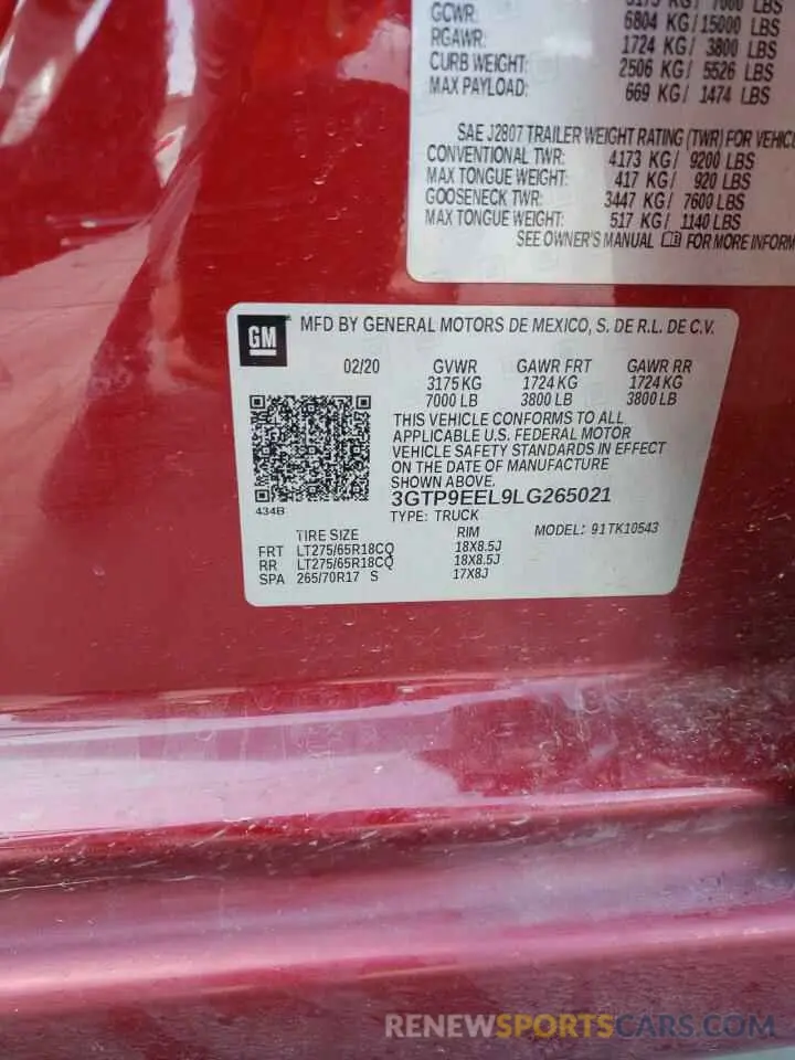 12 fotografías del automóvil dañado 3GTP9EEL9LG265021 GMC SIERRA 2020