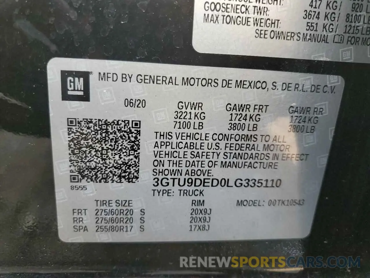 12 fotografías del automóvil dañado 3GTU9DED0LG335110 GMC SIERRA 2020