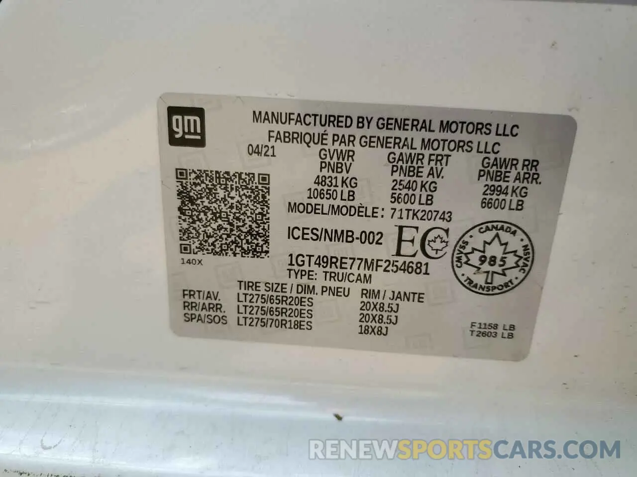 12 fotografías del automóvil dañado 1GT49RE77MF254681 GMC SIERRA 2021