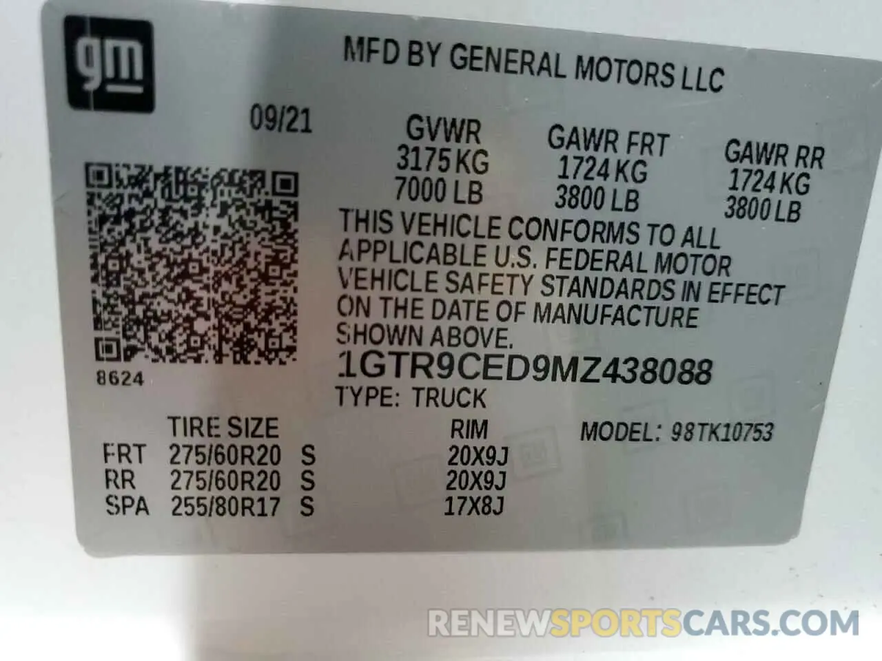 14 fotografías del automóvil dañado 1GTR9CED9MZ438088 GMC SIERRA 2021
