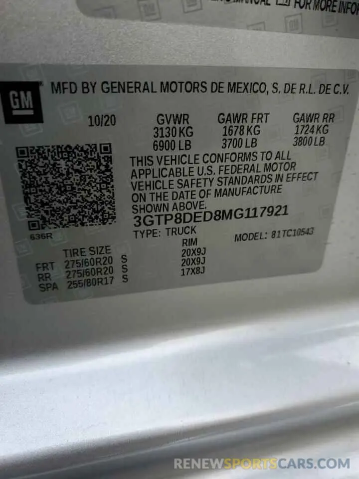 13 fotografías del automóvil dañado 3GTP8DED8MG117921 GMC SIERRA 2021