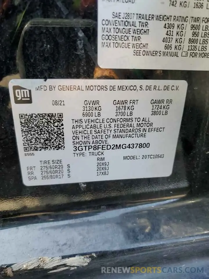 14 fotografías del automóvil dañado 3GTP8FED2MG437800 GMC SIERRA 2021