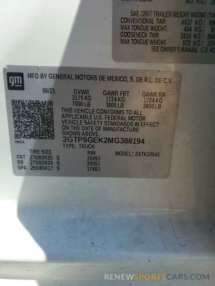 12 fotografías del automóvil dañado 3GTP9GEK2MG388194 GMC SIERRA 2021