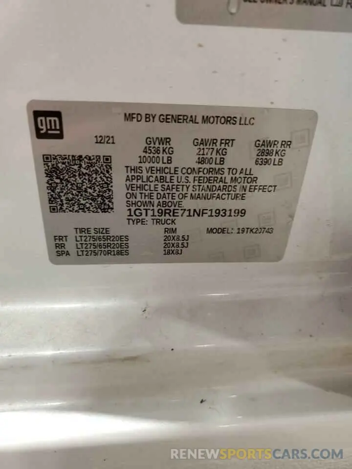 14 fotografías del automóvil dañado 1GT19RE71NF193199 GMC SIERRA 2022