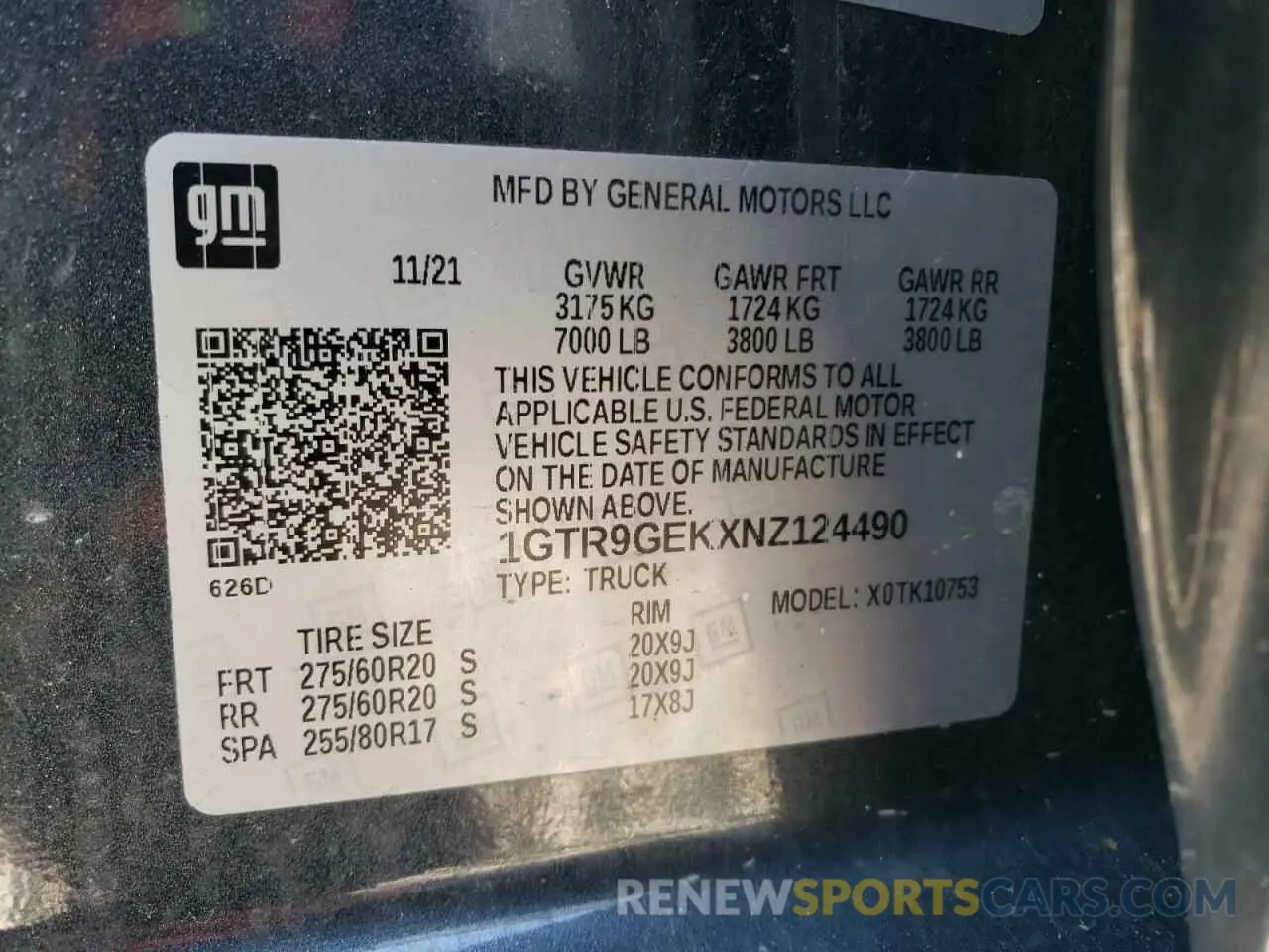 12 fotografías del automóvil dañado 1GTR9GEKXNZ124490 GMC SIERRA 2022