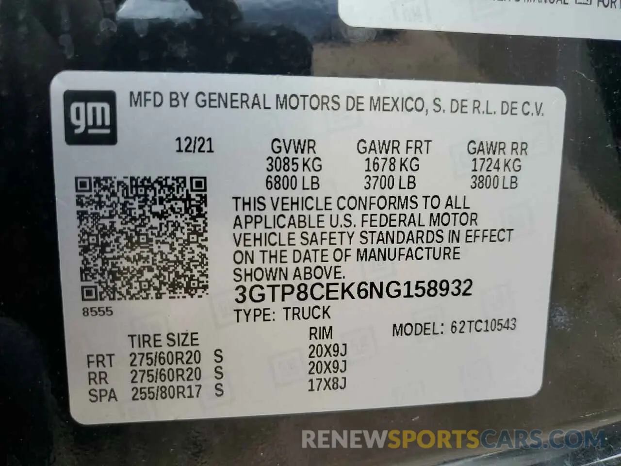 13 fotografías del automóvil dañado 3GTP8CEK6NG158932 GMC SIERRA 2022