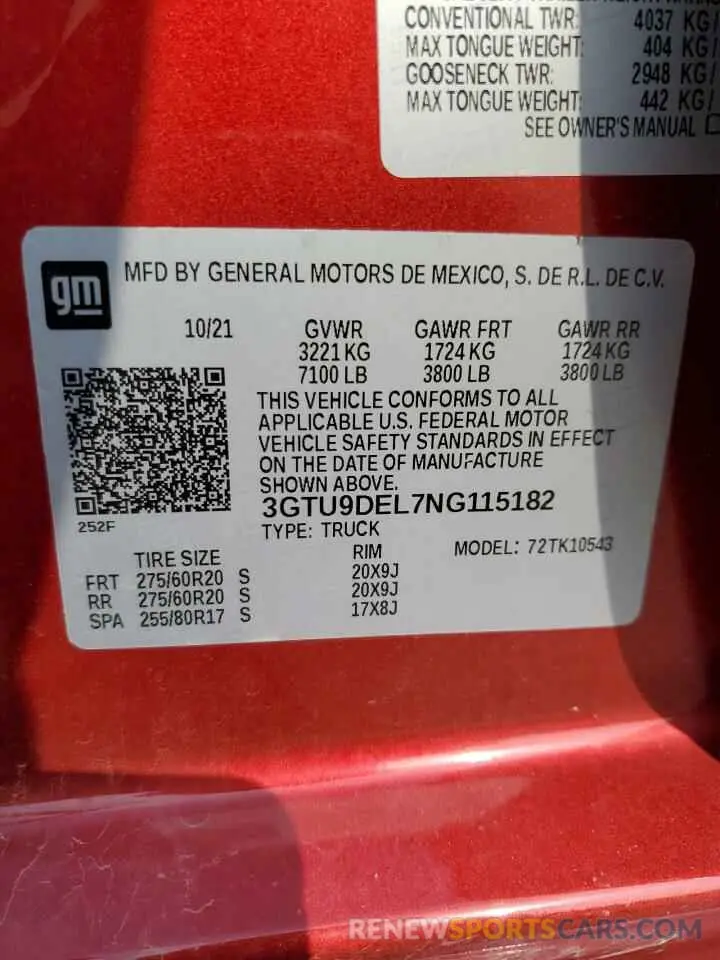 12 fotografías del automóvil dañado 3GTU9DEL7NG115182 GMC SIERRA 2022
