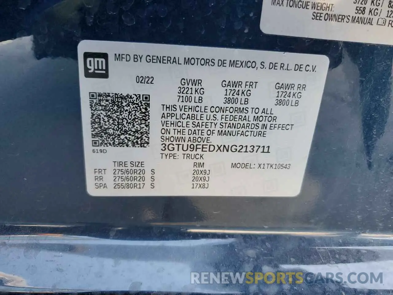12 fotografías del automóvil dañado 3GTU9FEDXNG213711 GMC SIERRA 2022