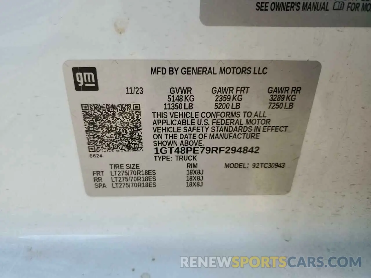 12 fotografías del automóvil dañado 1GT48PE79RF294842 GMC SIERRA 2024