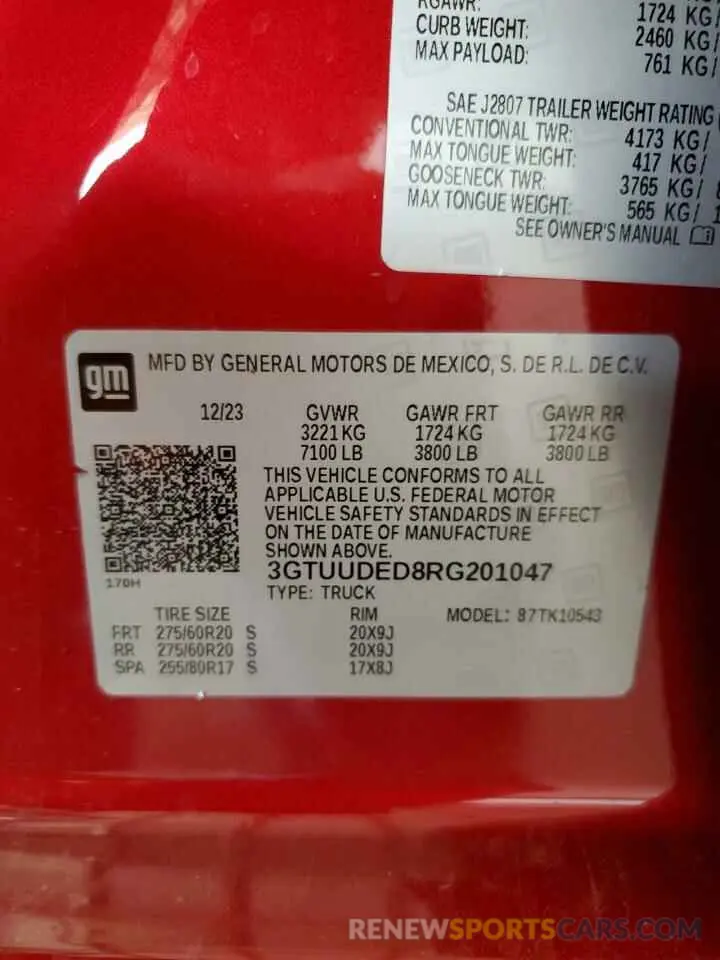 14 fotografías del automóvil dañado 3GTUUDED8RG201047 GMC SIERRA 2024