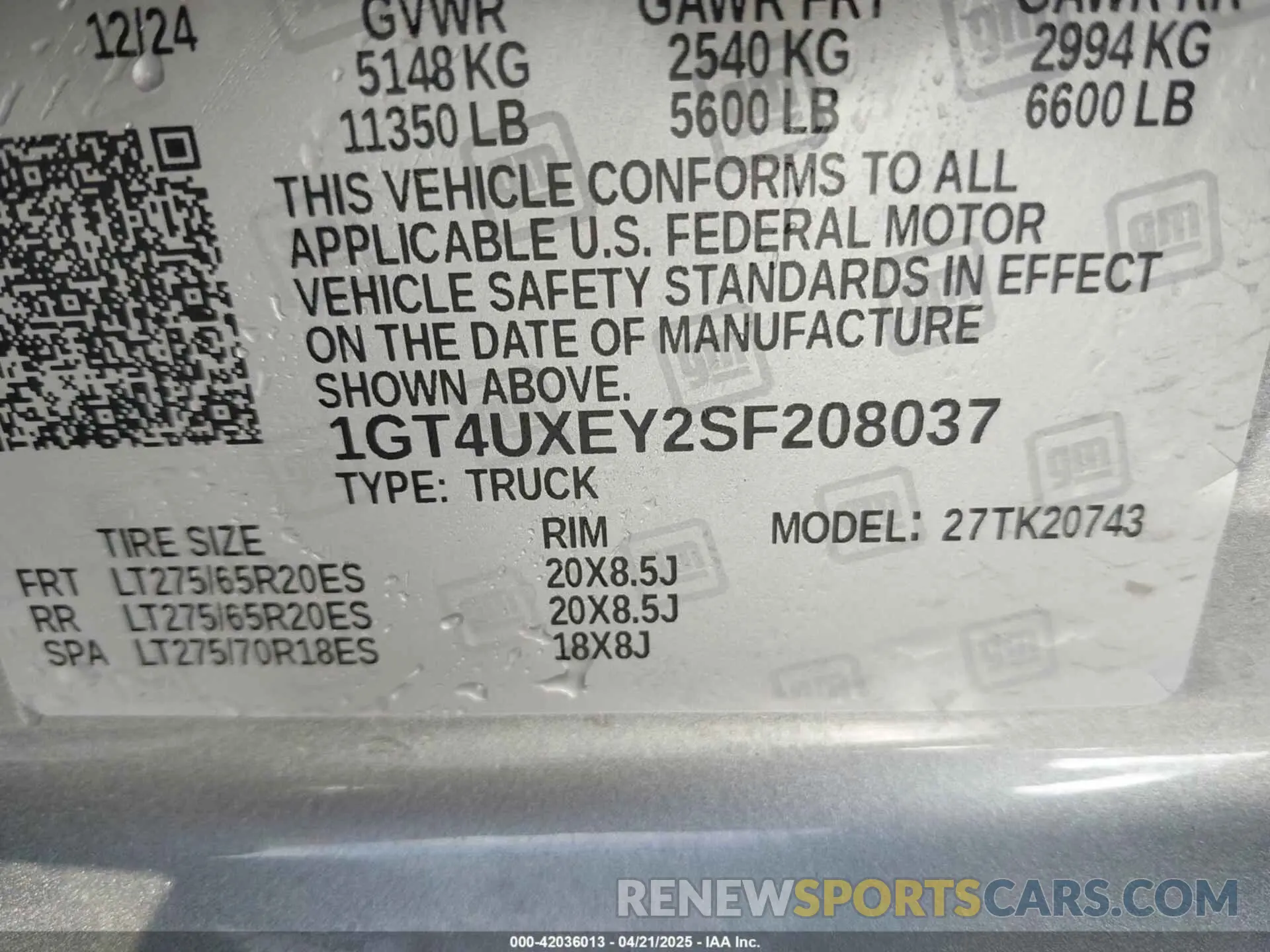 8 fotografías del automóvil dañado 1GT4UXEY2SF208037 GMC SIERRA 2500HD 2025