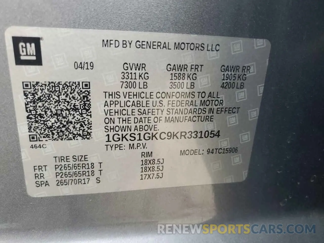 13 fotografías del automóvil dañado 1GKS1GKC9KR331054 GMC YUKON 2019