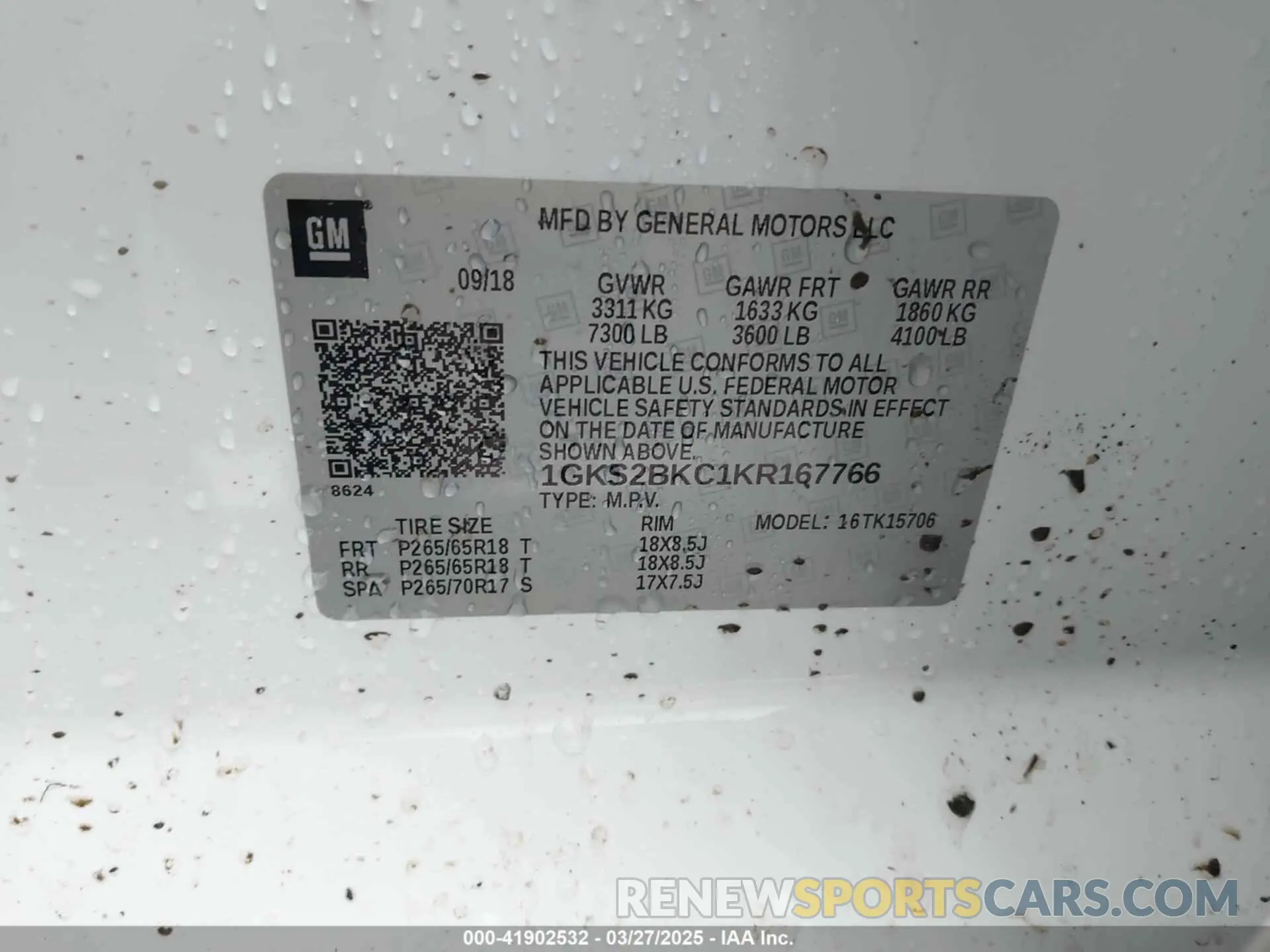 9 fotografías del automóvil dañado 1GKS2BKC1KR167766 GMC YUKON 2019