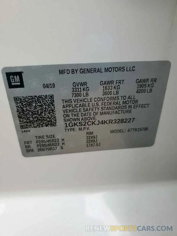13 fotografías del automóvil dañado 1GKS2CKJ4KR328227 GMC YUKON 2019