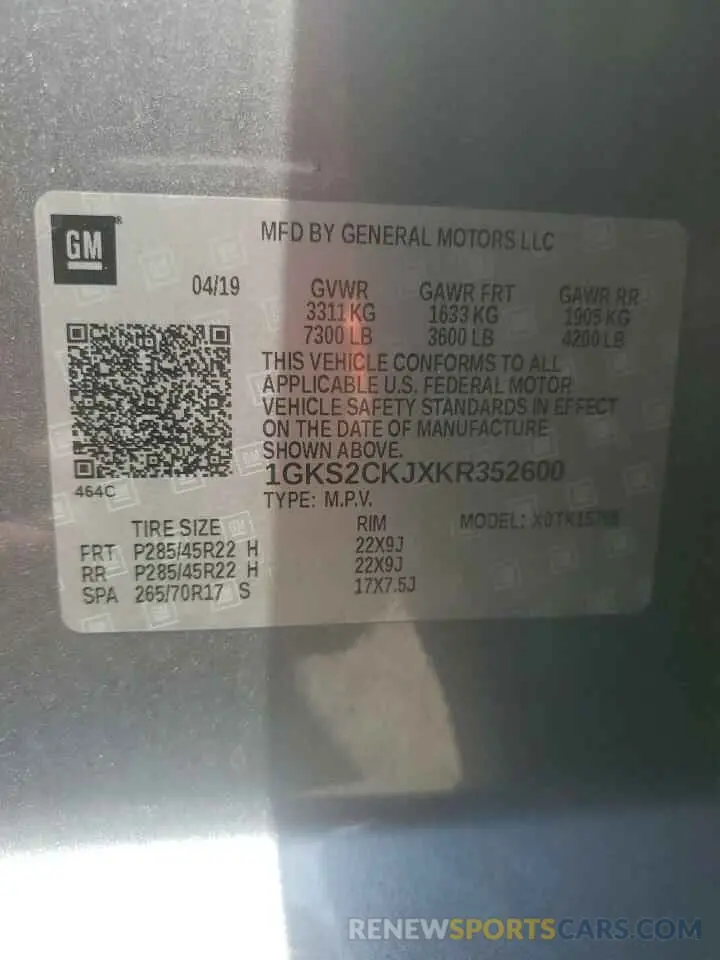 14 fotografías del automóvil dañado 1GKS2CKJXKR352600 GMC YUKON 2019