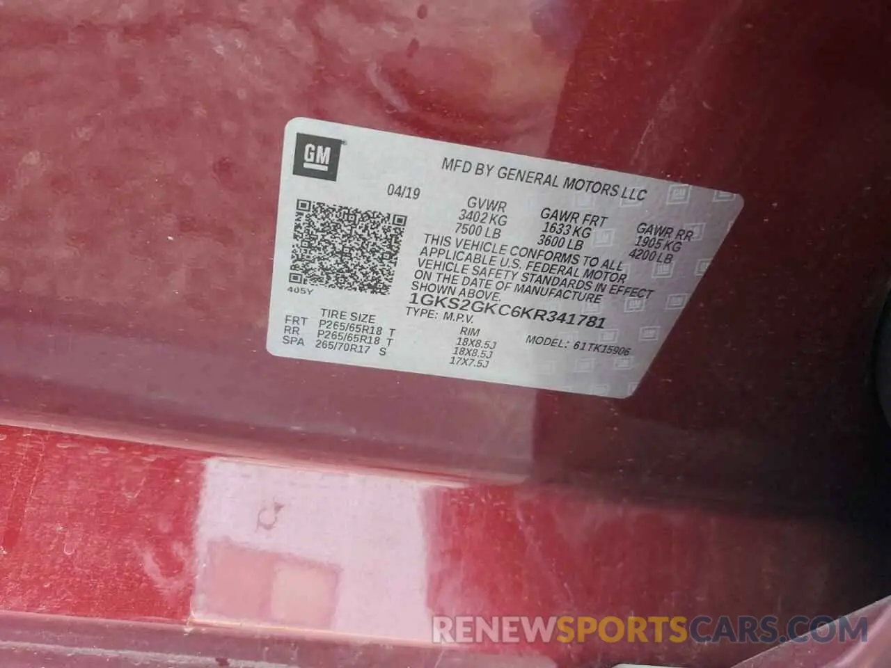 12 fotografías del automóvil dañado 1GKS2GKC6KR341781 GMC YUKON 2019