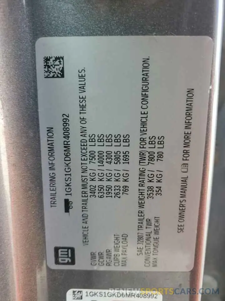 13 fotografías del automóvil dañado 1GKS1GKD6MR408992 GMC YUKON 2021