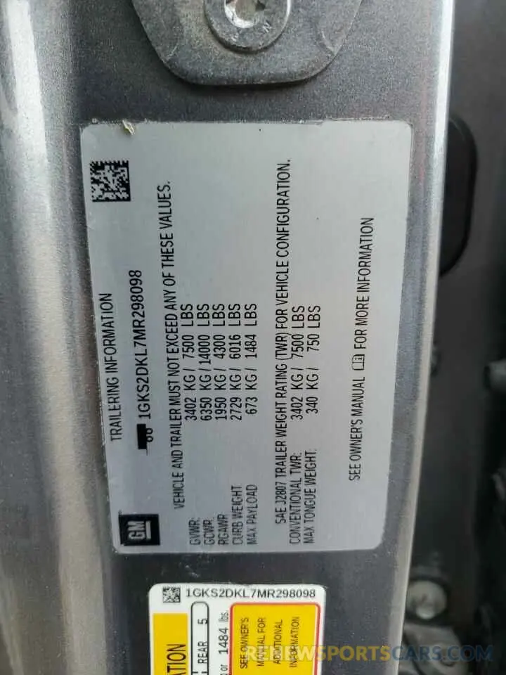 13 fotografías del automóvil dañado 1GKS2DKL7MR298098 GMC YUKON 2021