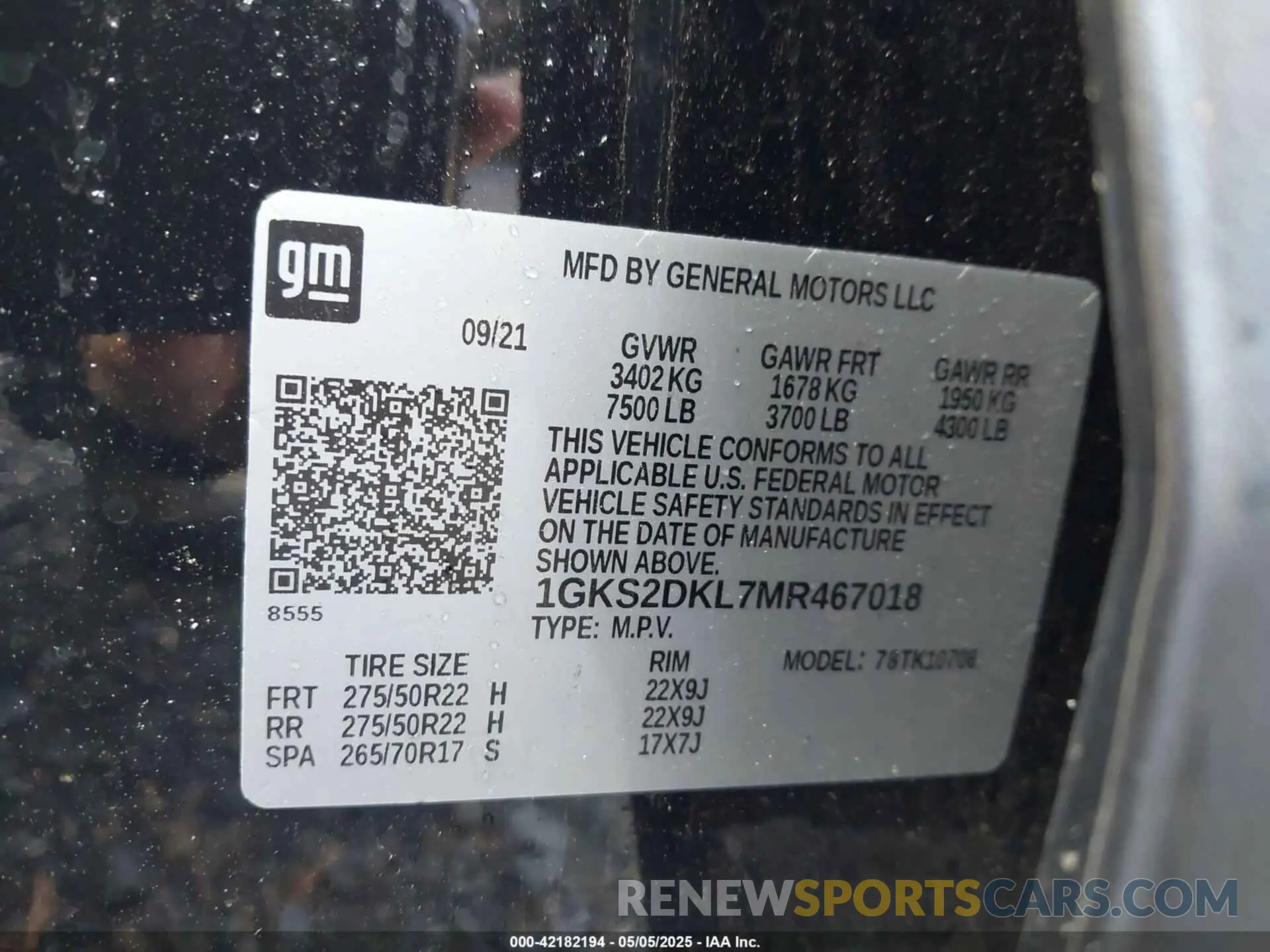 9 fotografías del automóvil dañado 1GKS2DKL7MR467018 GMC YUKON 2021