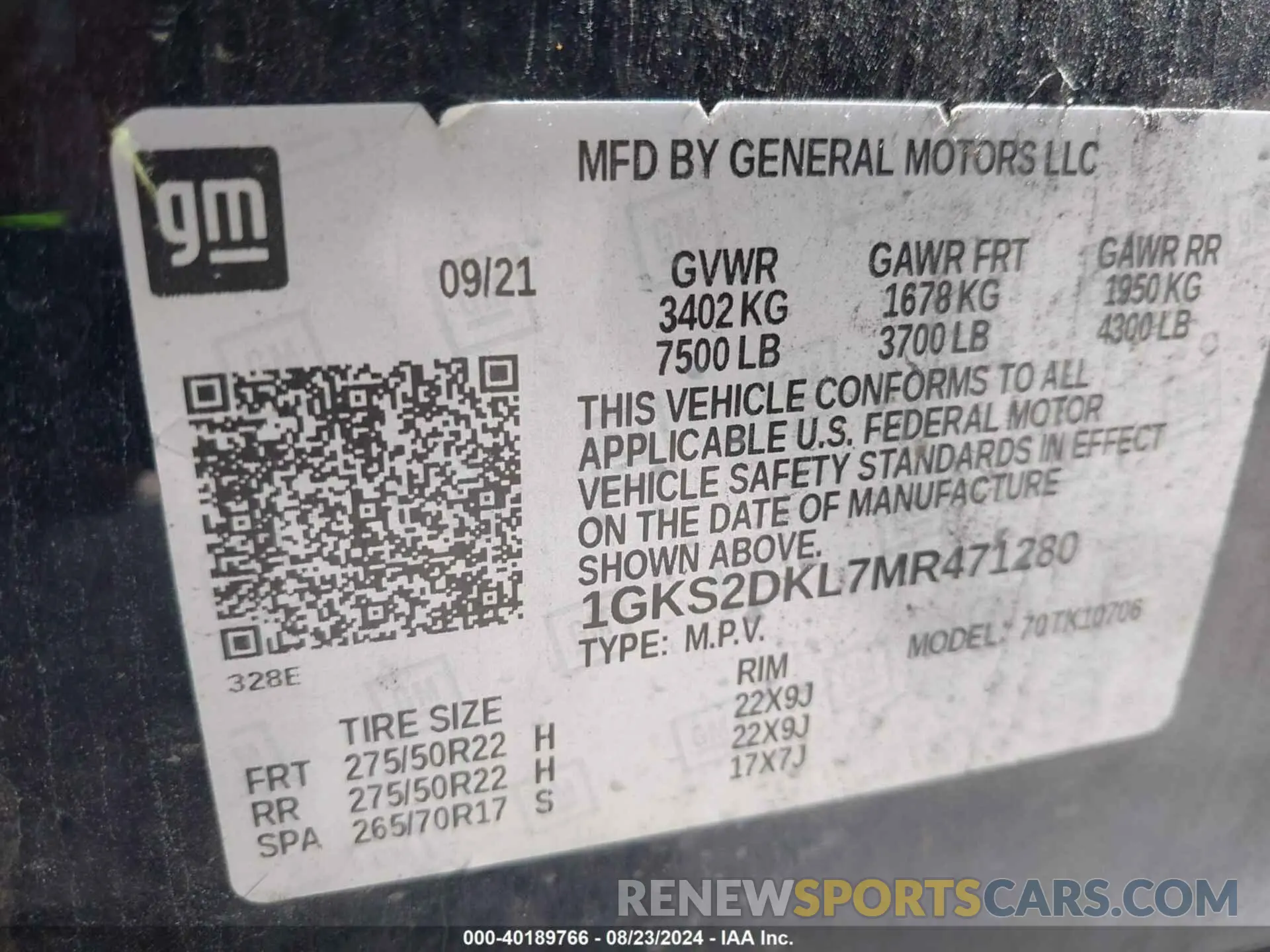 9 fotografías del automóvil dañado 1GKS2DKL7MR471280 GMC YUKON 2021