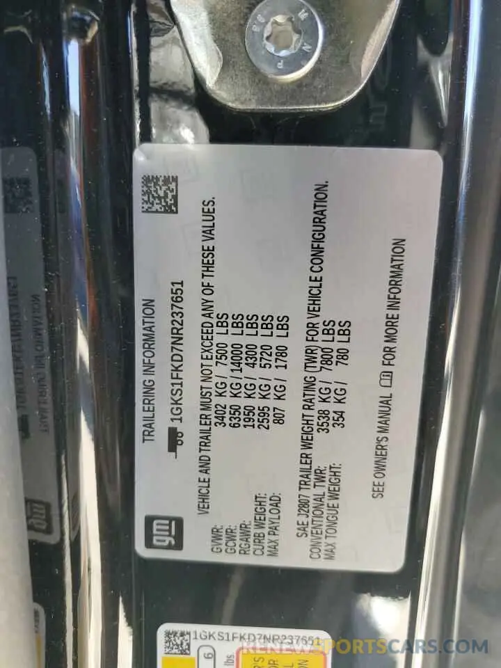 15 fotografías del automóvil dañado 1GKS1FKD7NR237651 GMC YUKON 2022