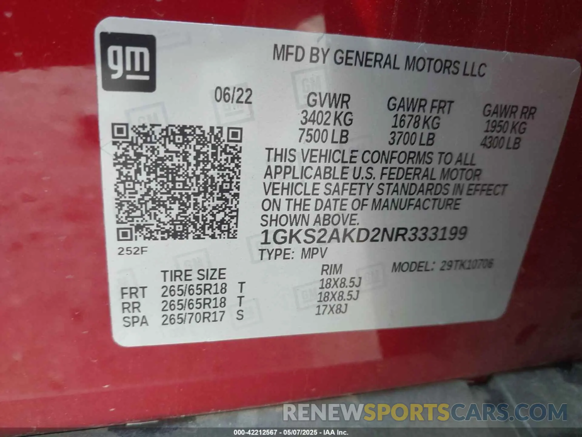 9 fotografías del automóvil dañado 1GKS2AKD2NR333199 GMC YUKON 2022