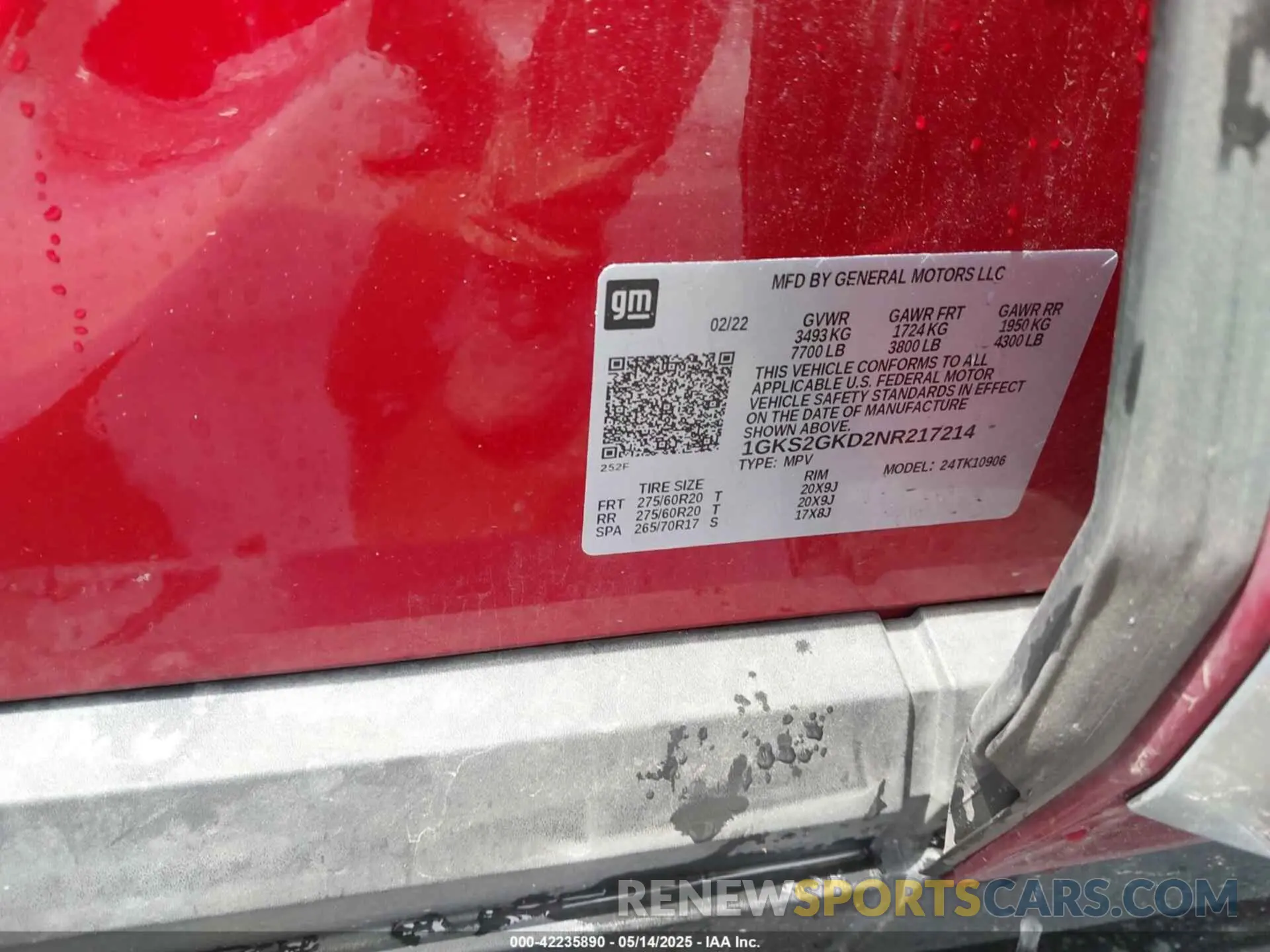 9 fotografías del automóvil dañado 1GKS2GKD2NR217214 GMC YUKON XL 2022
