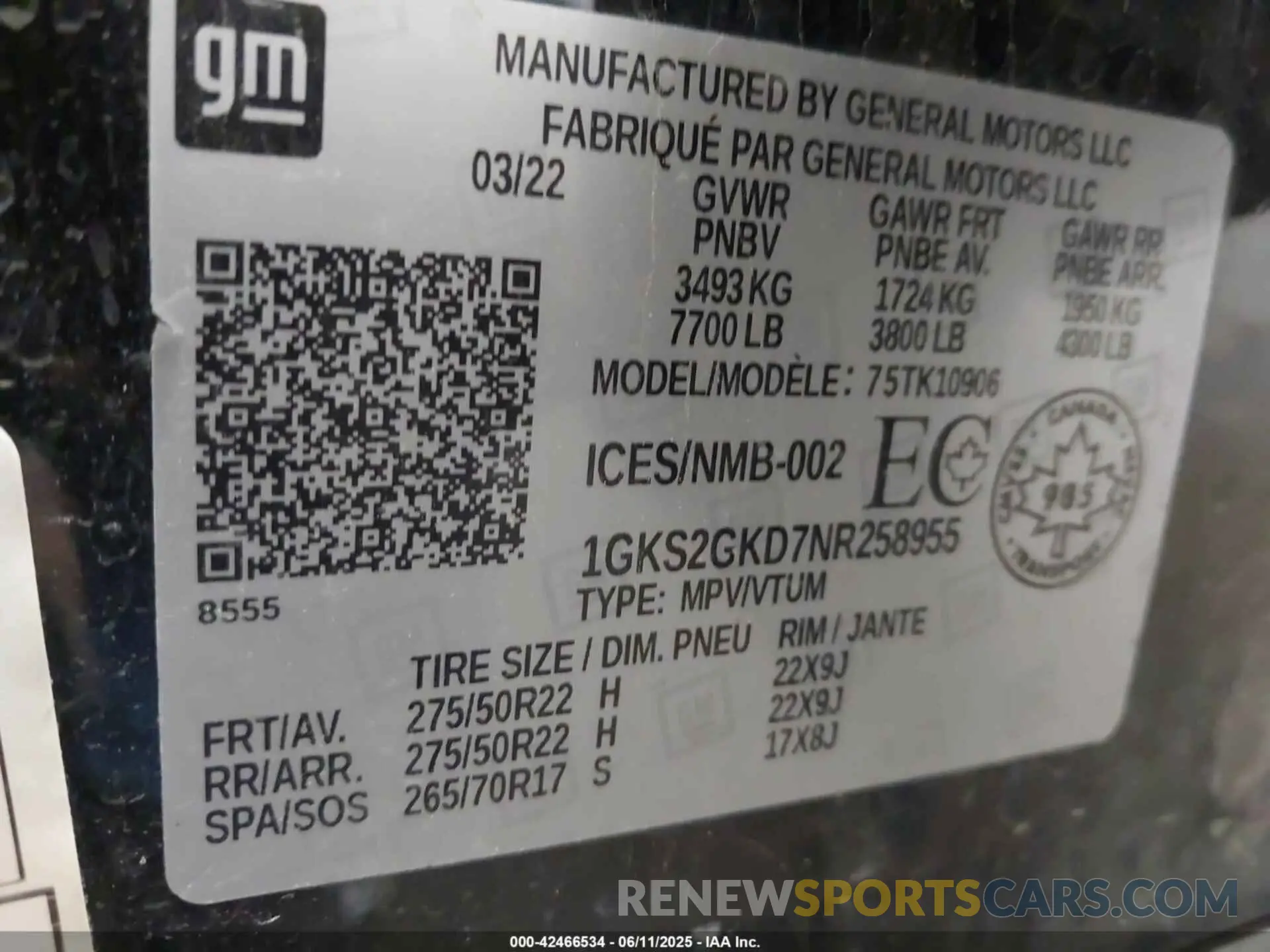 9 fotografías del automóvil dañado 1GKS2GKD7NR258955 GMC YUKON XL 2022