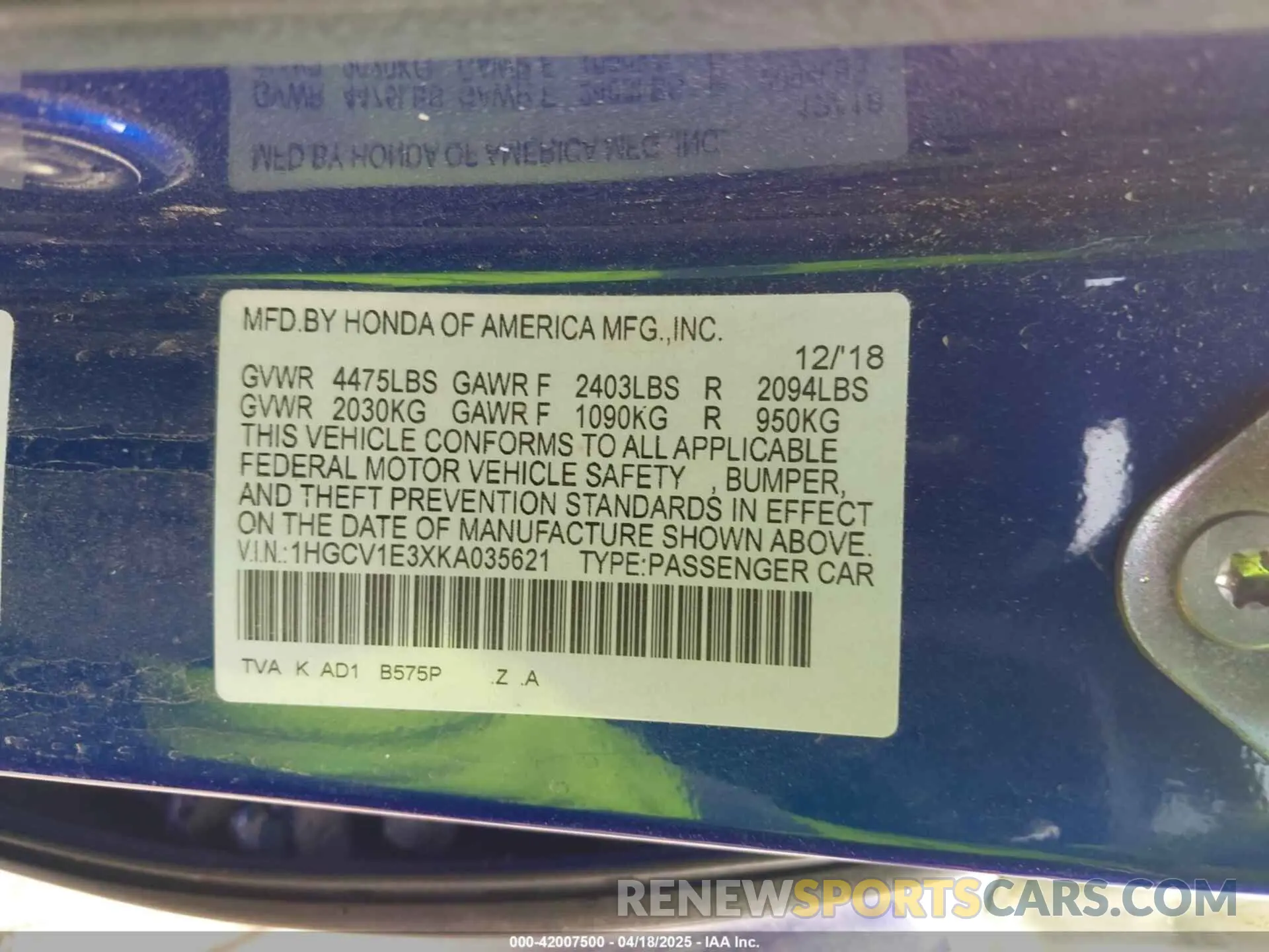 9 fotografías del automóvil dañado 1HGCV1E3XKA035621 HONDA ACCORD 2019