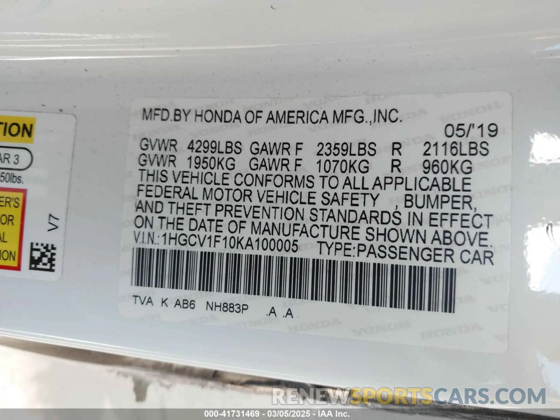 9 fotografías del automóvil dañado 1HGCV1F10KA100005 HONDA ACCORD 2019
