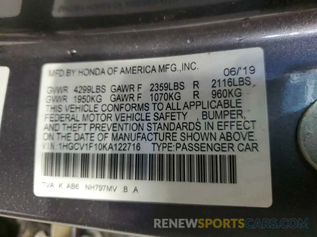 13 fotografías del automóvil dañado 1HGCV1F10KA122716 HONDA ACCORD 2019