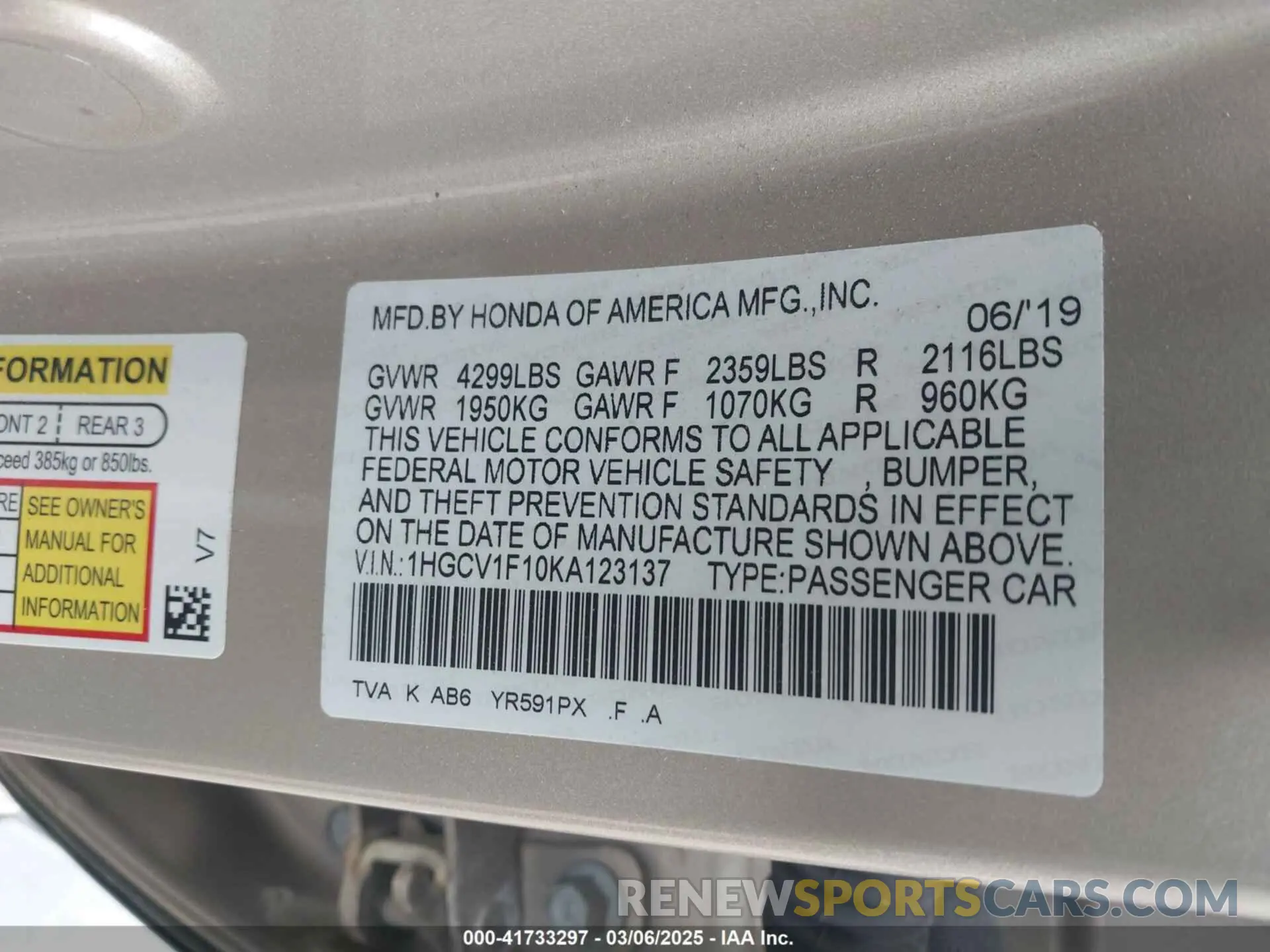9 fotografías del automóvil dañado 1HGCV1F10KA123137 HONDA ACCORD 2019