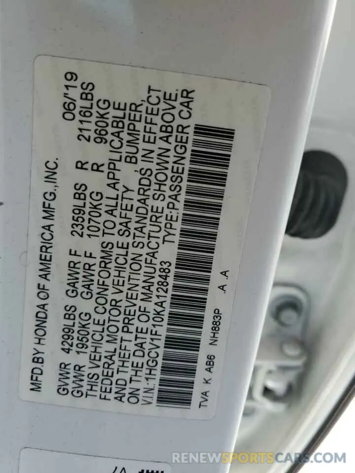 12 fotografías del automóvil dañado 1HGCV1F10KA128483 HONDA ACCORD 2019