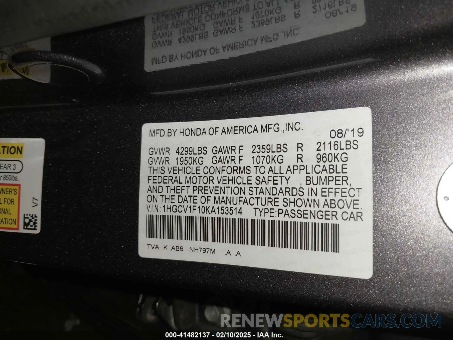 9 fotografías del automóvil dañado 1HGCV1F10KA153514 HONDA ACCORD 2019