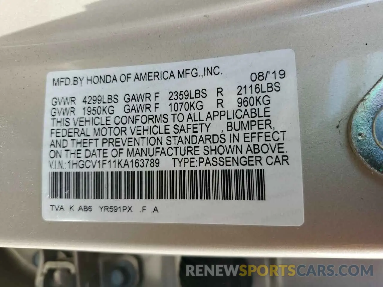 12 fotografías del automóvil dañado 1HGCV1F11KA163789 HONDA ACCORD 2019