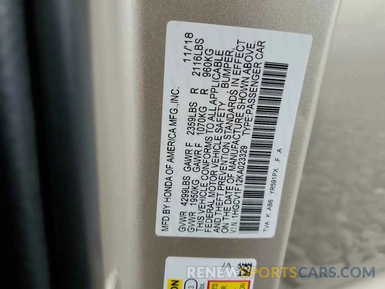 13 fotografías del automóvil dañado 1HGCV1F12KA023329 HONDA ACCORD 2019