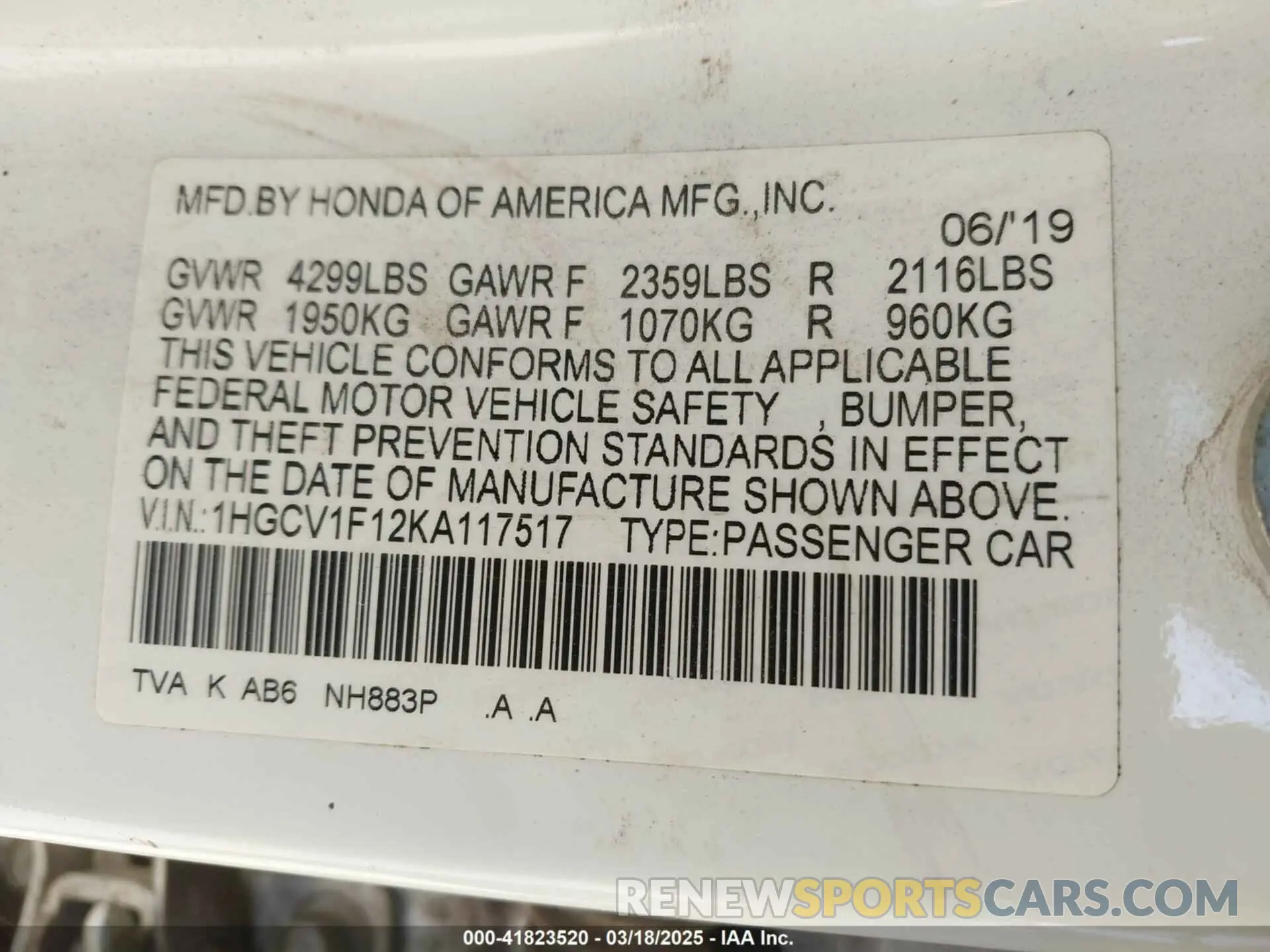 9 fotografías del automóvil dañado 1HGCV1F12KA117517 HONDA ACCORD 2019