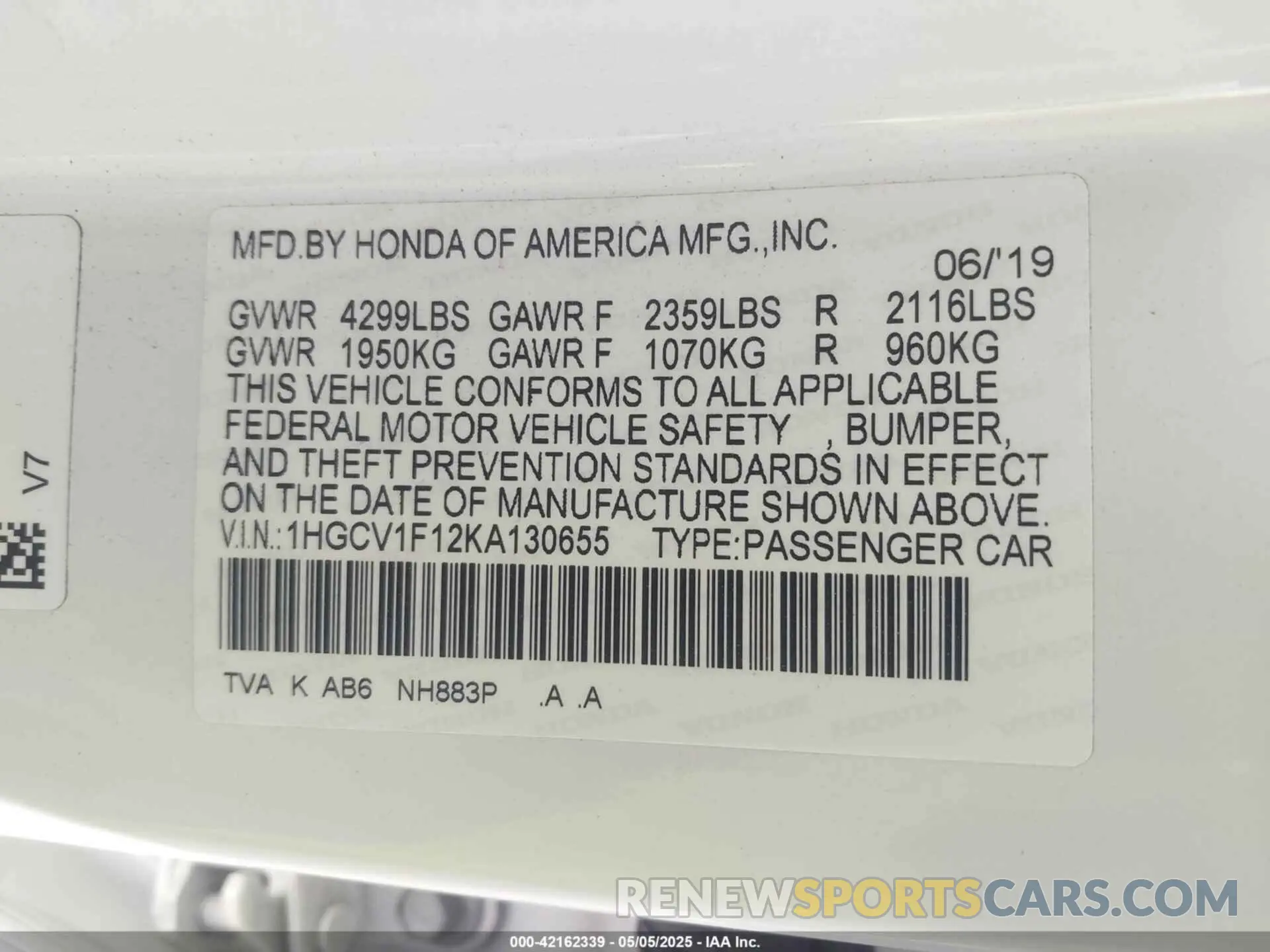 9 fotografías del automóvil dañado 1HGCV1F12KA130655 HONDA ACCORD 2019