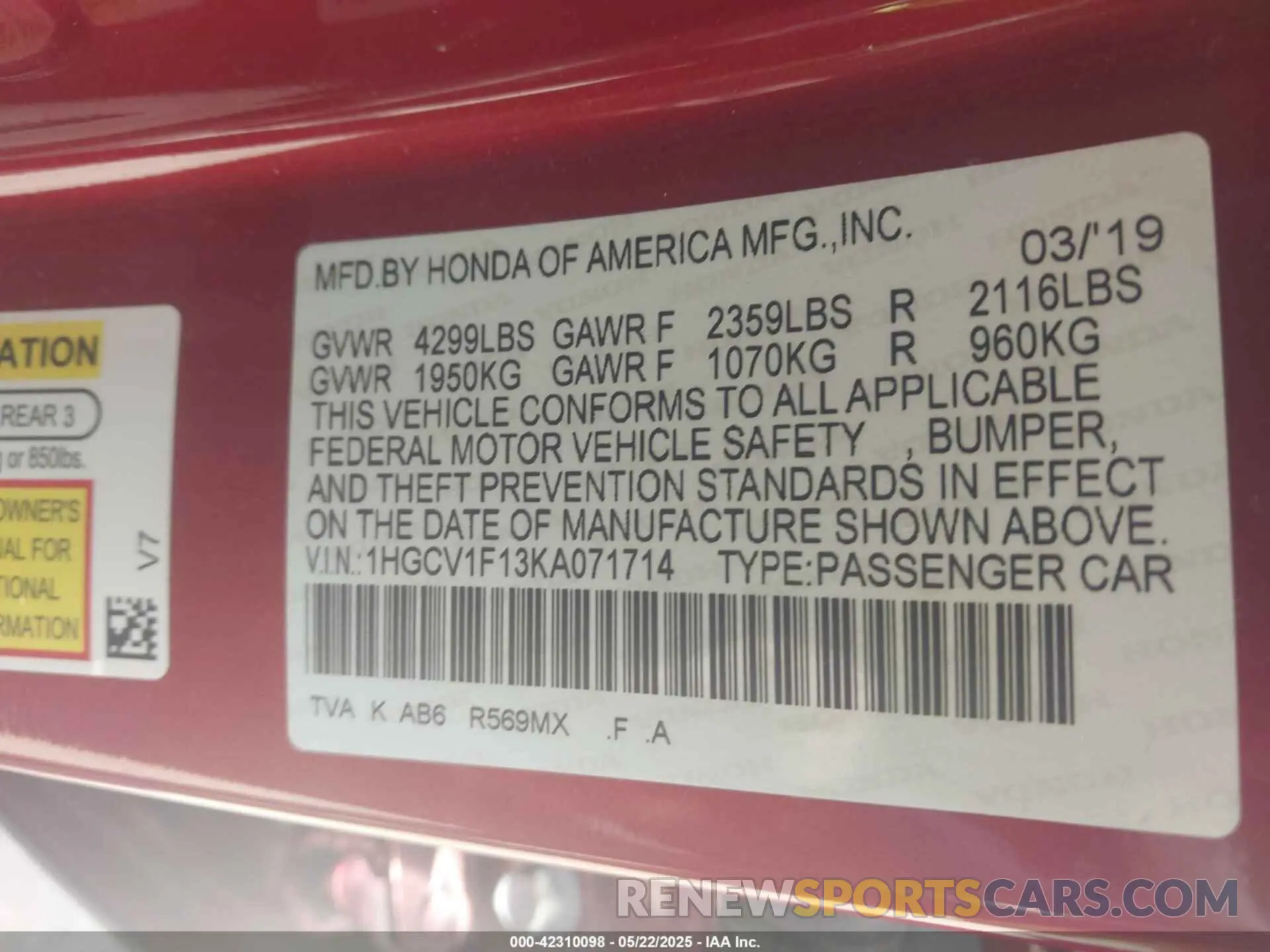 9 fotografías del automóvil dañado 1HGCV1F13KA071714 HONDA ACCORD 2019