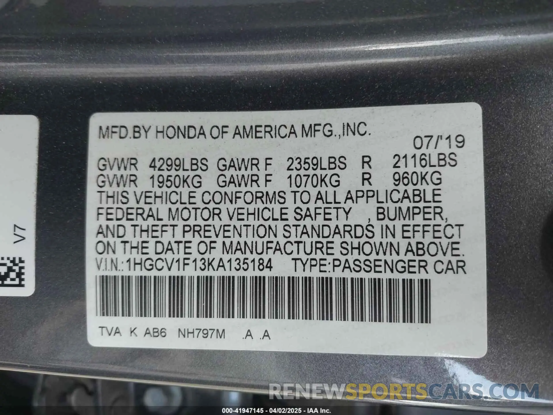 9 fotografías del automóvil dañado 1HGCV1F13KA135184 HONDA ACCORD 2019