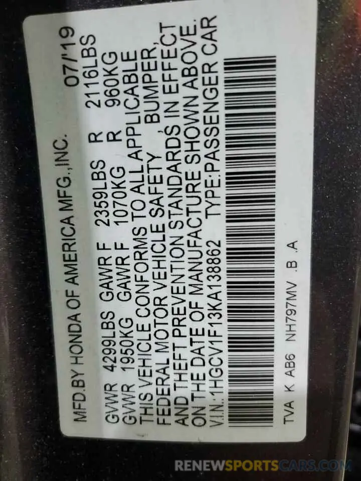 12 fotografías del automóvil dañado 1HGCV1F13KA138862 HONDA ACCORD 2019
