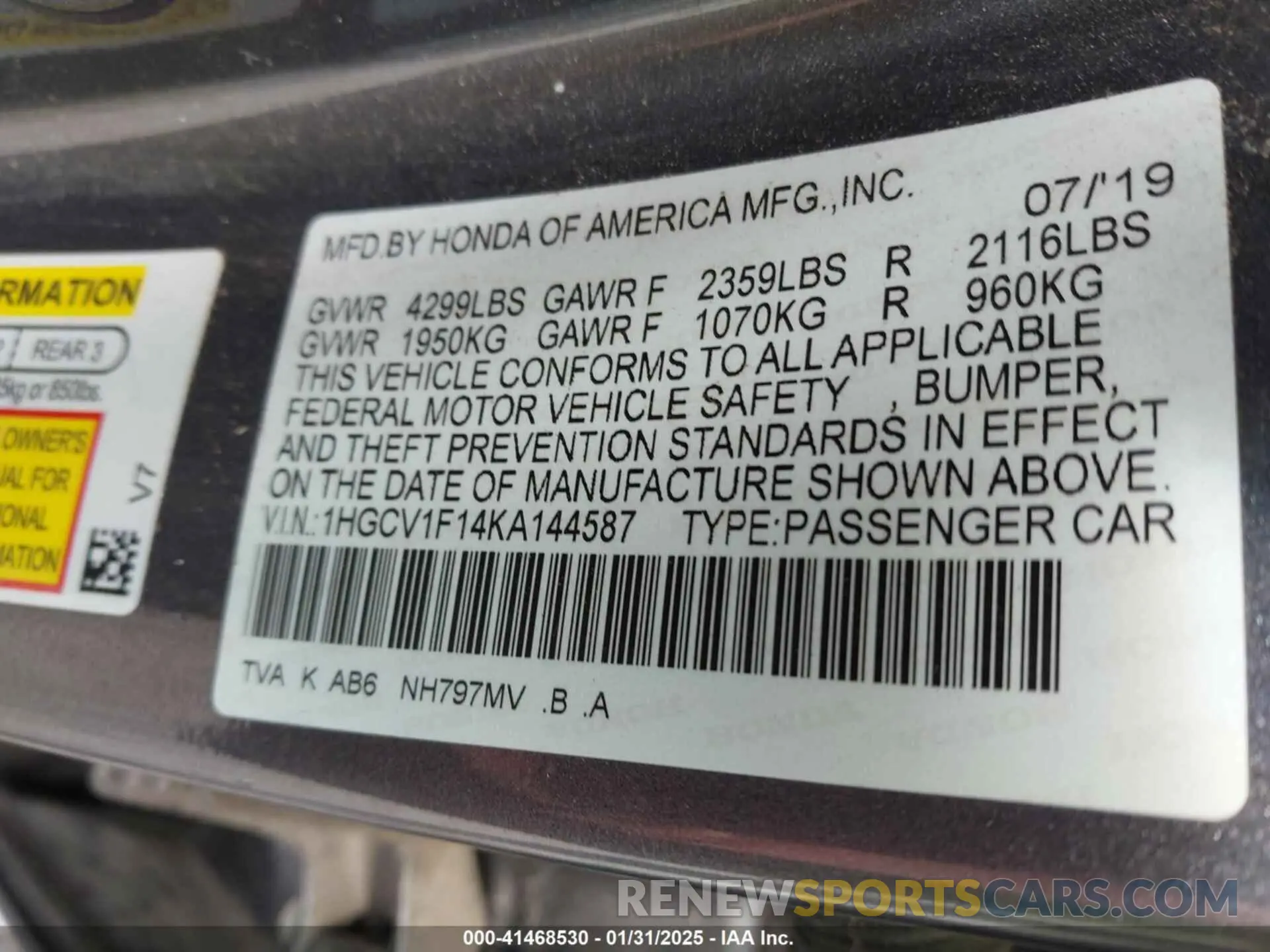 9 fotografías del automóvil dañado 1HGCV1F14KA144587 HONDA ACCORD 2019
