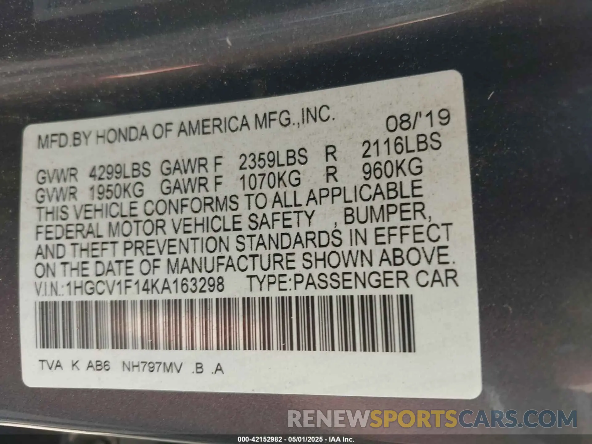 9 fotografías del automóvil dañado 1HGCV1F14KA163298 HONDA ACCORD 2019