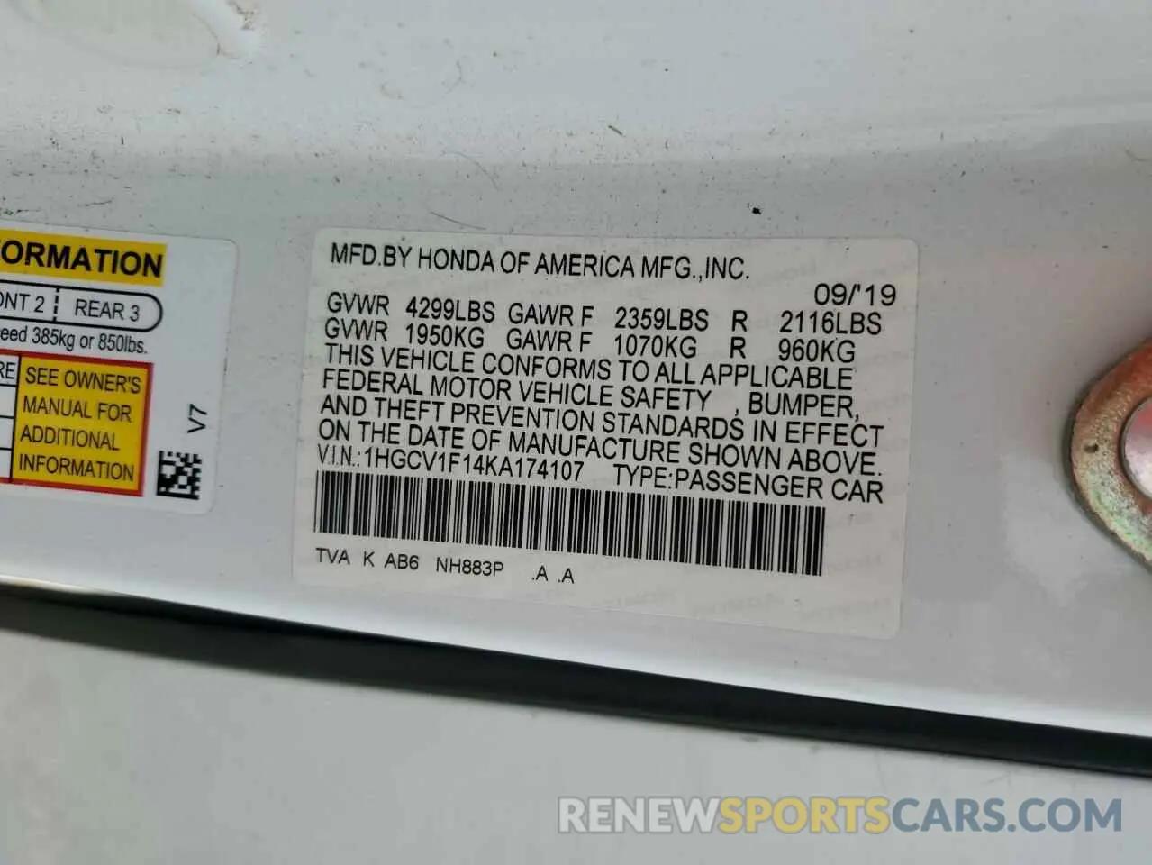 13 fotografías del automóvil dañado 1HGCV1F14KA174107 HONDA ACCORD 2019
