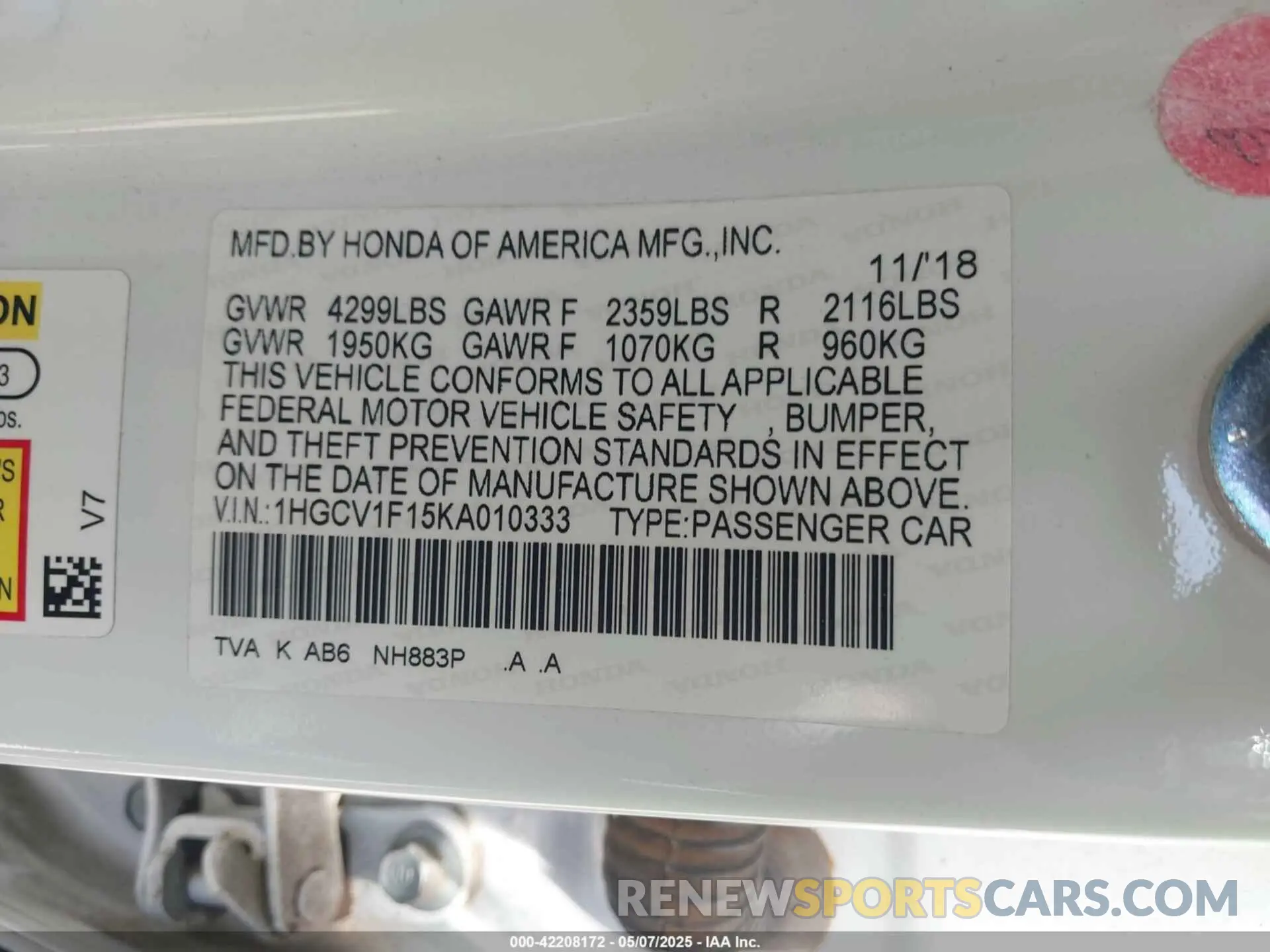 9 fotografías del automóvil dañado 1HGCV1F15KA010333 HONDA ACCORD 2019