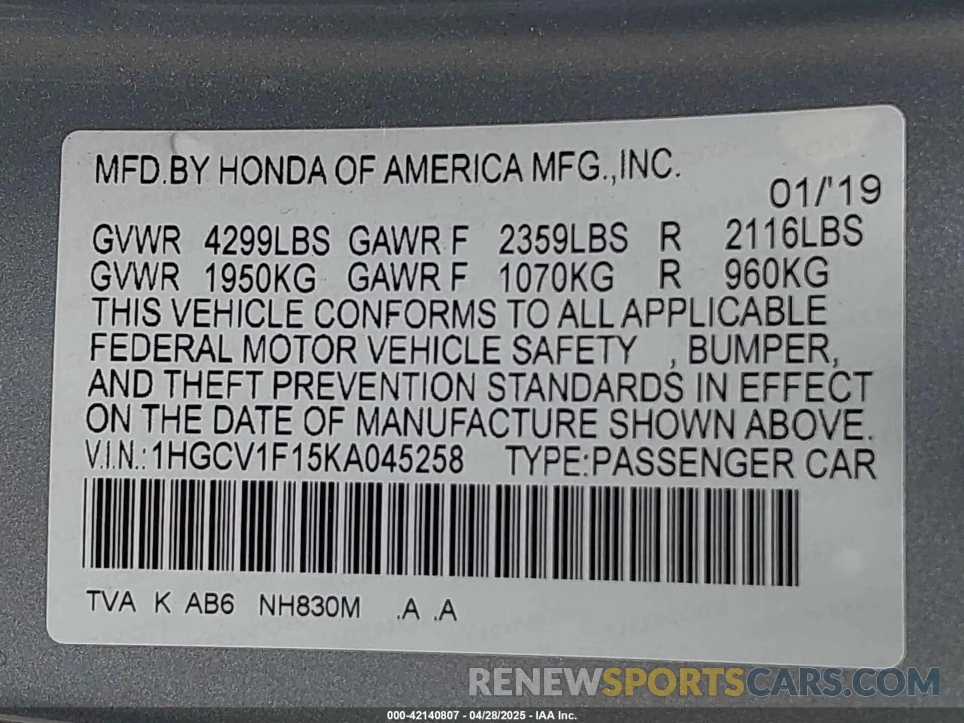 9 fotografías del automóvil dañado 1HGCV1F15KA045258 HONDA ACCORD 2019