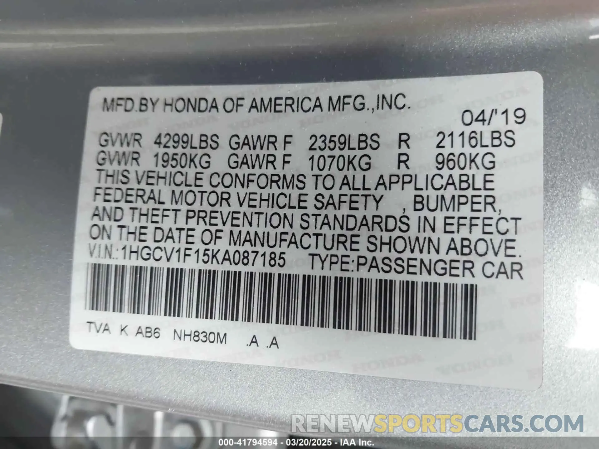 9 fotografías del automóvil dañado 1HGCV1F15KA087185 HONDA ACCORD 2019