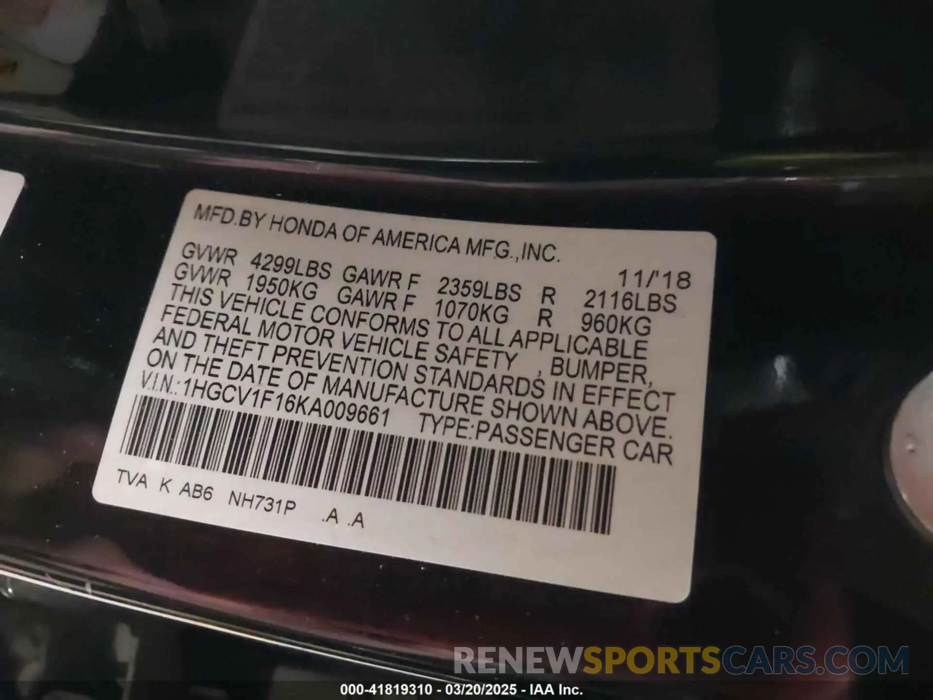 9 fotografías del automóvil dañado 1HGCV1F16KA009661 HONDA ACCORD 2019