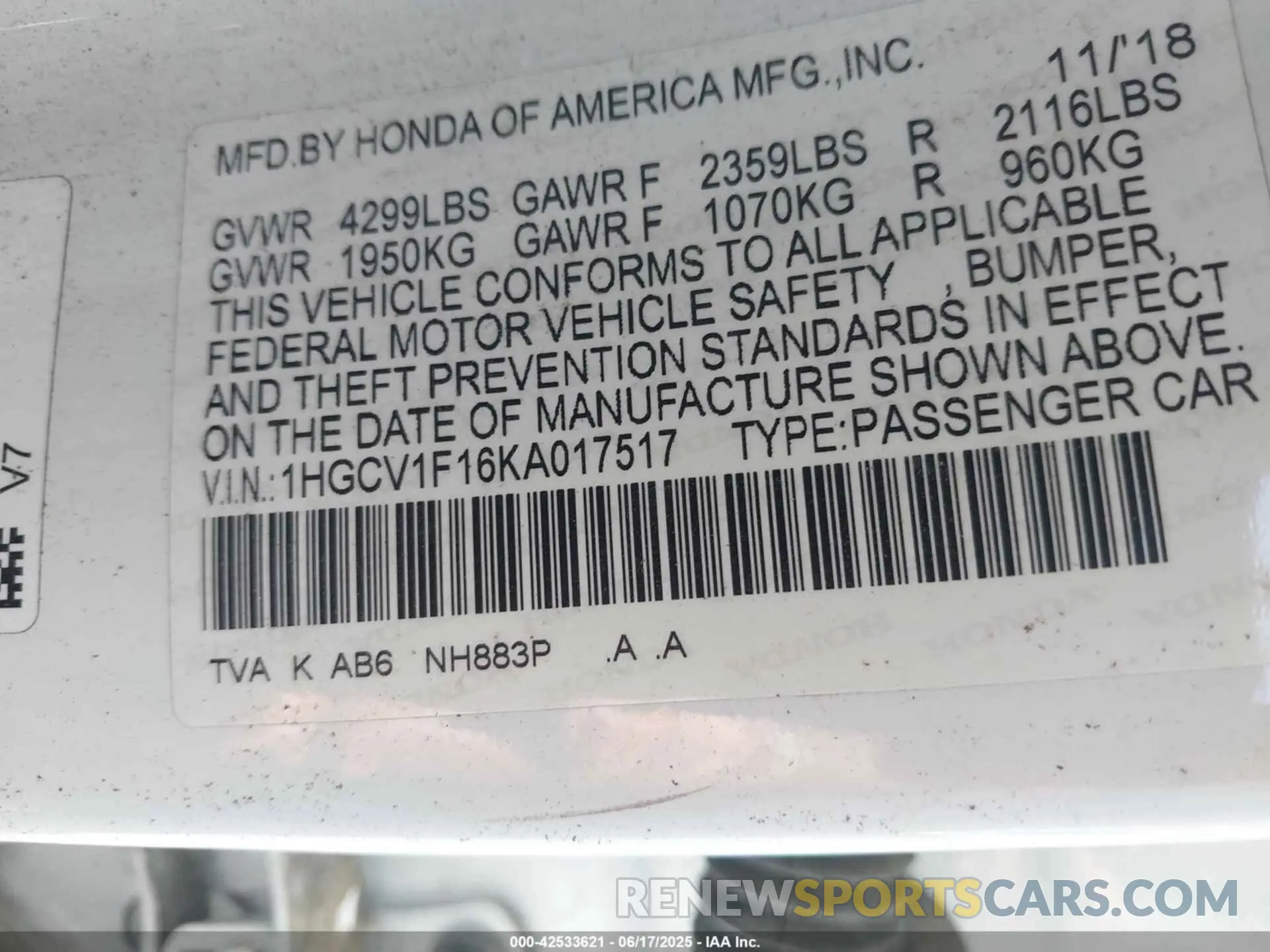 9 fotografías del automóvil dañado 1HGCV1F16KA017517 HONDA ACCORD 2019